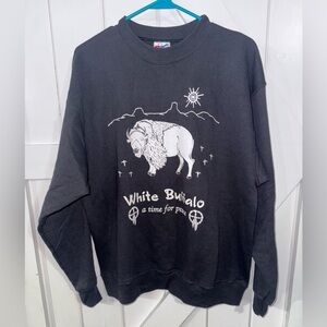 VINTAGE 90s HANES MEN’S SWEATSHIRT WHITE BUFFALO NATIVE‎ PEACE GRAPHIC SIZE L